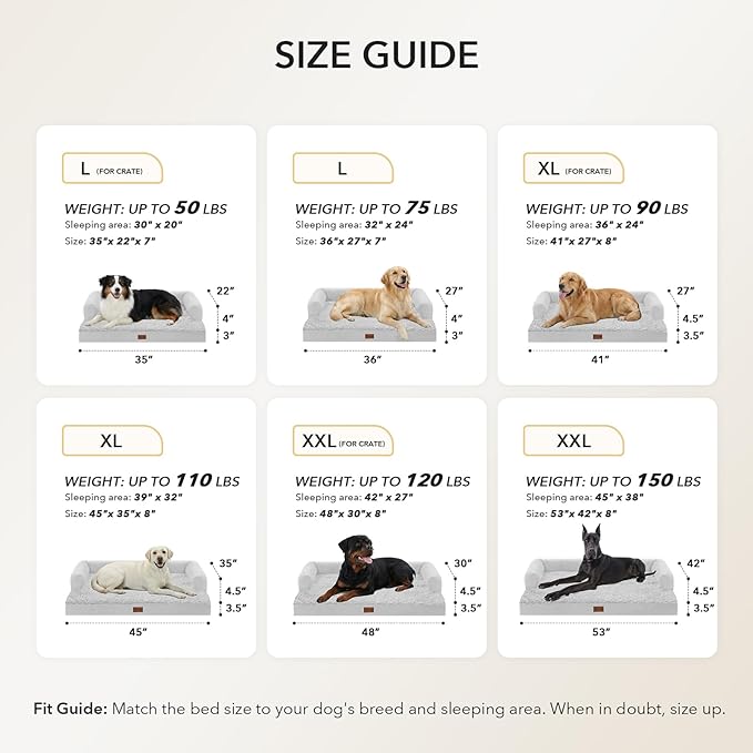 Casa Paw Orthopedic Dog Beds for Large Sized Dogs, Waterproof Egg Crate Foam Large Dog Couch Beds with Comfy Bolster 36x27Inch, Washable Pet Beds with Removable Cover and Nonskid Bottom, Grey White
