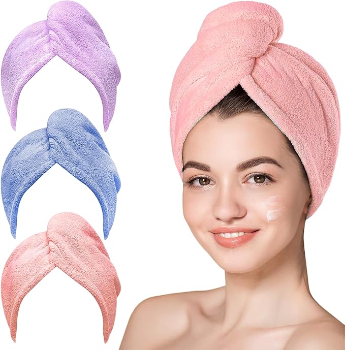 YHPDYL 3 Pack Microfiber Hair Towel Wrap for Women, Fast Drying Hair Turban with Button, Anti-Frizz Large Hair Towel for All Hair Styles, Soft & Absorbent Hair Drying Towel(Bule,Purple,Orange)