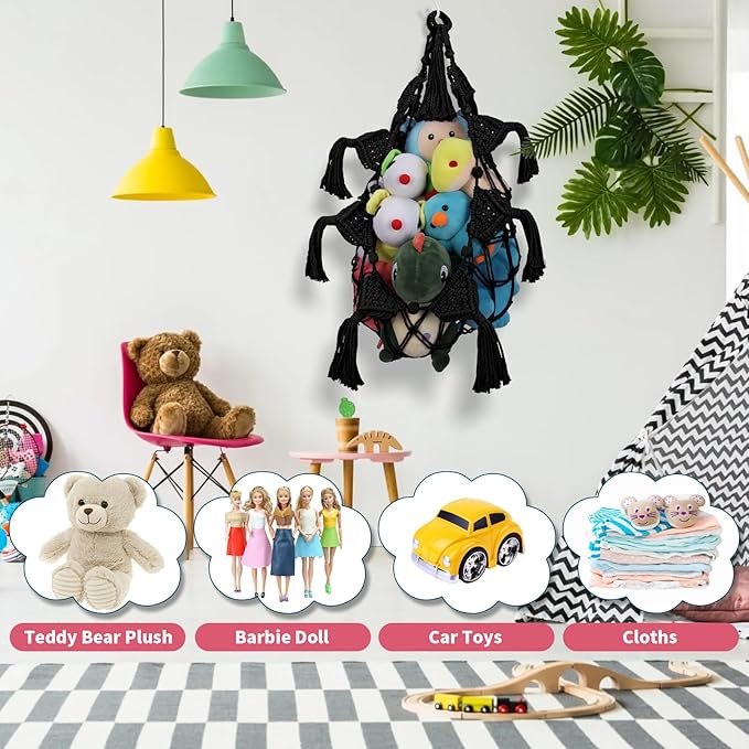 iHansee Stuffed Animal Storage Hammock, 56'' Jumbo Boho Macrame Tassels Corner Toy Holder Wall Hanging Net Organizer for Nursery Teddy Plushie, Black Plush Toy Net with Star Light for Boys Girls Gift