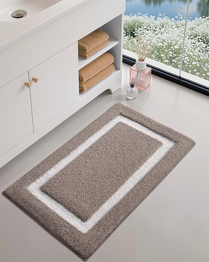 Color&Geometry Bathroom Rugs, Water Absorbent and Quick Dry Microfiber Bath Rugs-16"x24", Non-Slip, Machine Washable, Extra Soft Plush Bath Mats for Bathroom, Laundry Room, Dark Beige White