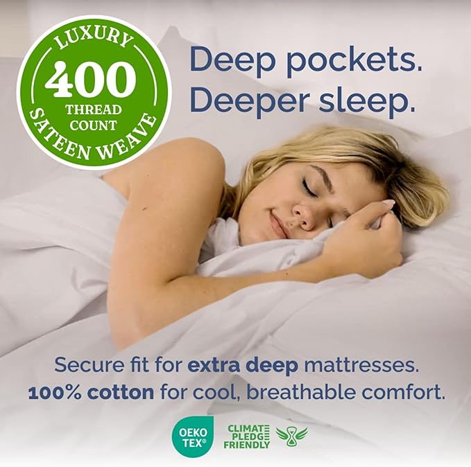 Extra Deep Pockets 400 Thread Count 100% Cotton 4 Piece Queen Size Bedding Sheet Set - Breathable & Cooling - Hotel Luxury Bed Sheets Set - Soft, Wrinkle Free And Comfy Light Grey Bedding Sheets Set