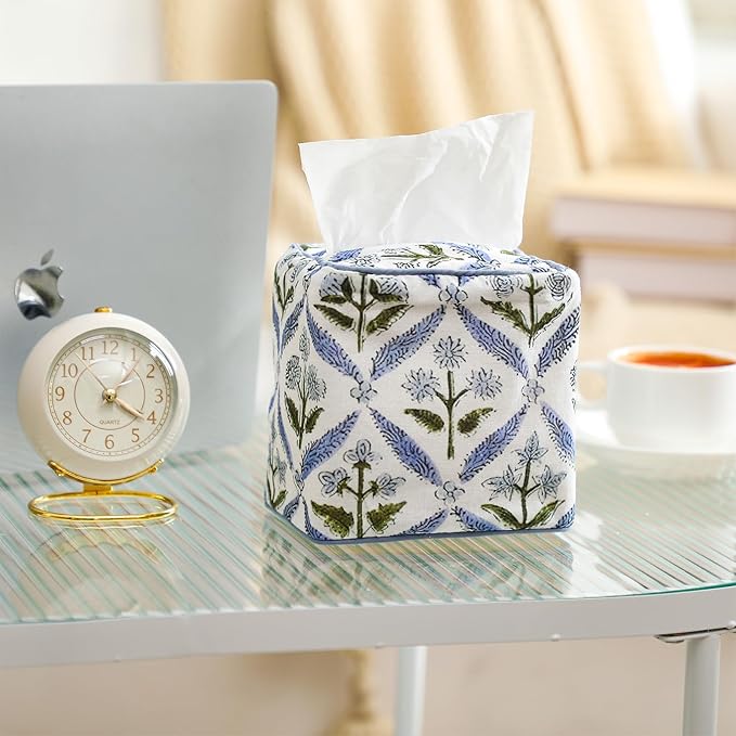 Mimorou Blue Fabric Tissue Box Cover - Floral Print Tissue Box & Decorative Square Napkin Holder Handmade Cotton for Home Bedroom Vanity Countertop Night Stands Office
