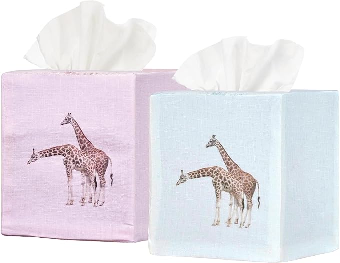 EmbroideryLinen.VN Tissue Box Cover Set of 2, Square Linen Tissue Holder, Printed Animal Pattern, 4.5x4.5x5.5 Inches, Decorative Holder for Bathroom, Living Room, Office (Giraffe)