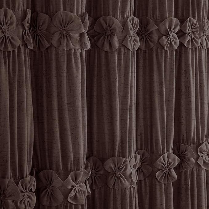 XOGUIBO Ruffle Shower Curtain with Handmade Bow Tie, Brown Linen Vintage Farmhouse Shower Curtain for Bathroom, 72" W x 72" H