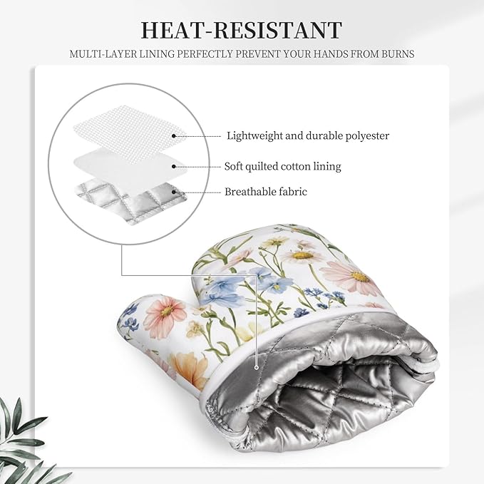 Oven Mitts and Potholders Colorful Flowers Silicone Glove Heat Resistant, Kitchen Gloves for Cooking, 2-Piece Set