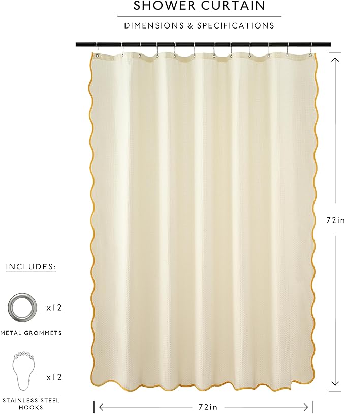 MONDAY MOOSE Scalloped Waffle Weave Shower Curtain with Rustproof Metal Grommet Holes for Bathroom, Machine Washable, Hooks Included (72x72 inch, Mustard/Cream)
