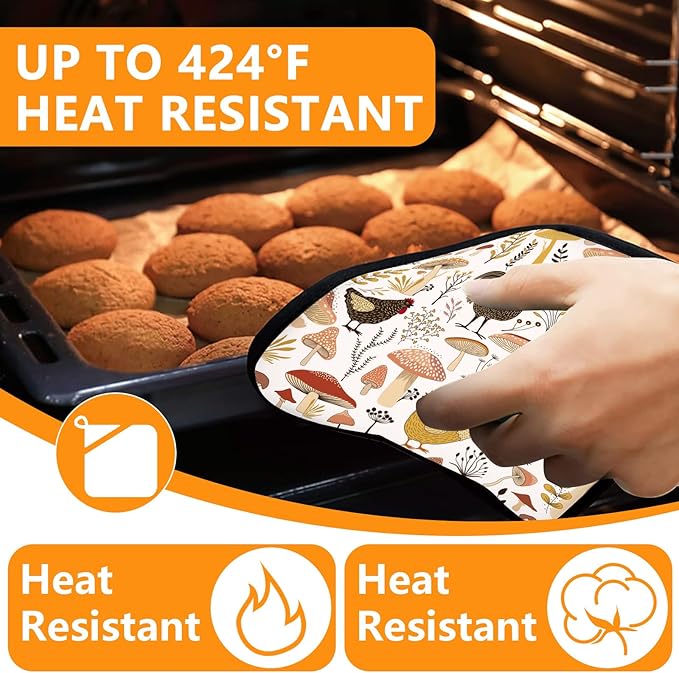 Rooster Oven Mitts and Pot Holders Sets 4Pcs,Extra Long Oven Gloves Potholder for Kitchen Cooking Baking BBQ 100% Cotton Heat Resistant