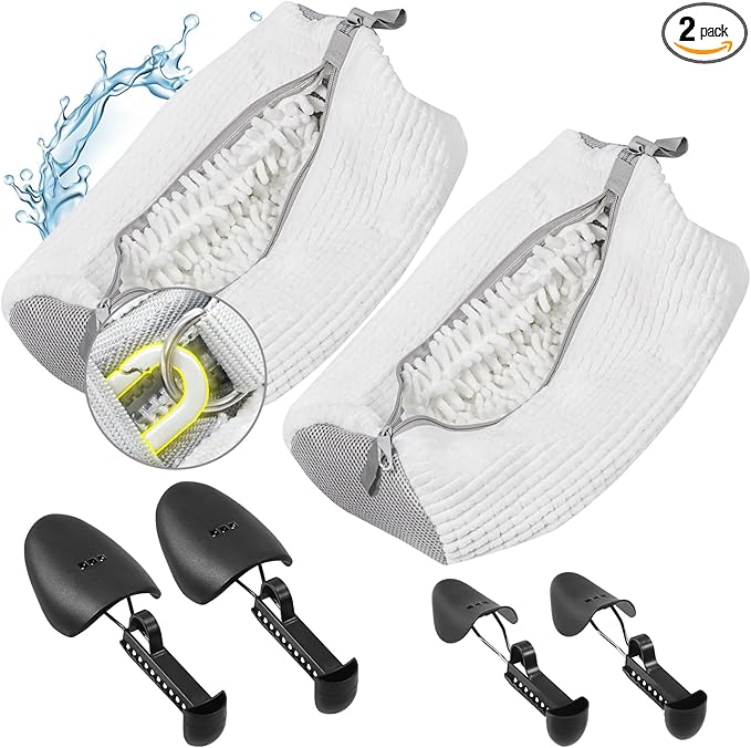 2 Pcs Shoe Washing Machine Bags with 4 Adjustable Shoe Trees, XXL Laundry Bags for Washer and Dryer, Sturdy Zipper with Hook Design, Reusable Cleaning Bag for Sneaker, Tennis (White)