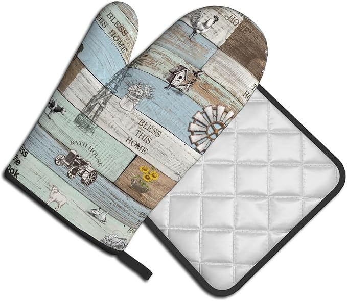 Farm Animal Oven Gloves and Pot Holders Rustic Barn Teal Green Brown Heat Resistant Kitchen Oven Gloves Hot Pan Pads 2 Piece Farmhouse Kitchen Mitts Pan Mat for Cooking Grilling Baking