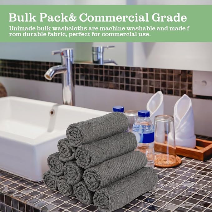 UNIMADE Washcloths Bulk - 100 Pack - Face Towels (12" x 12"), Highly Soft Wash Cloths and Hand Towels, Fast Drying Multi-Purpose Microfiber Cleansing Cloths for Bathroom, Hotel, Spa, and Salon - Grey