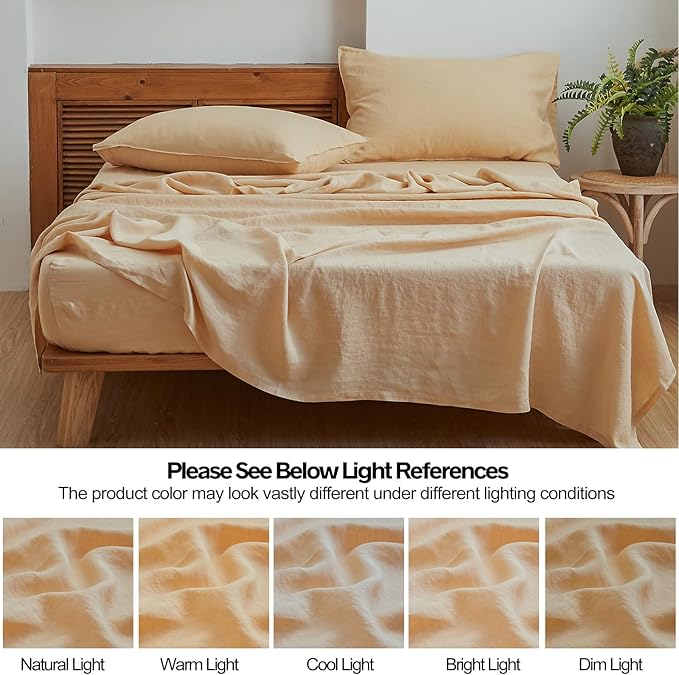 Simple&Opulence Washed Linen Bed Sheet Set Basic Style 4 Pieces (1 Flat Sheet & 1 Fitted Sheet & 2 Pillowcases) 100% Natural French Flax Soft Breathable Farmhouse Bedding (Queen, Sand)