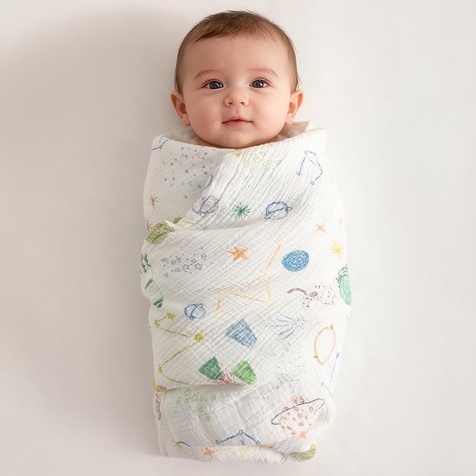 NTBAY 2 Layer Muslin Cotton Baby Swaddle Blanket, 42x60 Soft and Breathable Receiving for Newborns and Infants, Perfect for Crib, Stroller, Travel, Lightweight Nursery Blanket, Space Explorer