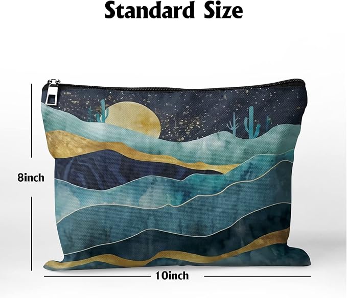 Cafl Mountain Cactus Moon Makeup Bag Travel Large Boho Desert Cactus Cosmetic Bag Essentials Jewelry Skincare Zipper For Women-10×8 inch