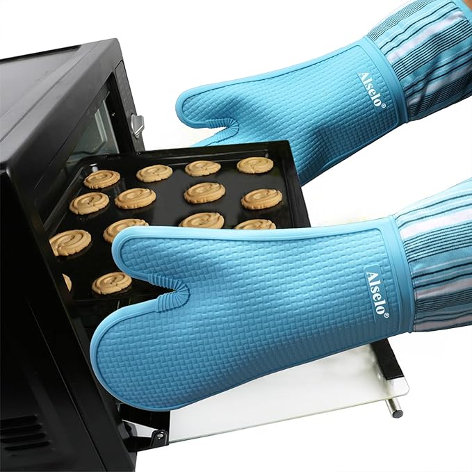 Oven Mitts Heat Resistant Silicone Kitchen Gloves for 550 Degrees with Waterproof and Non-Silp, Oven Gloves for Baking Cooking Barbecue Microwave Machine Washable (2, Extra Long Sapphire)