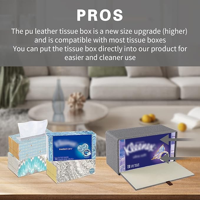XNONE Tissue Box Cover Rectangle Tissue Box Holder PU Leather Facial Organizer with Magnetic Bottom,Decorative Napkin Caddy for Vanity Dresser Night Stand Table Countertop Home Office Car,Grey