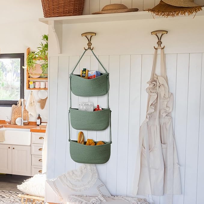 Over The Door Organizer Hanging Basket for Nursery Decor Stuffed Animal Storage Baskets Boho Wall Decor Basket for Bathroom Bedroom Playroom - Green