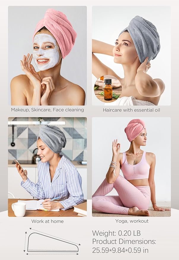 Hicober Microfiber Hair Towel, 2Packs Hair Turbans for Wet Hair, Drying Hair Wrap Towels for Curly Hair Women Anti Frizz(Pink,Grey)