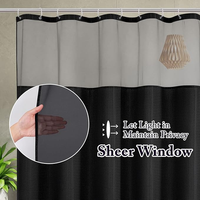 Gibelle Small Stall Shower Curtain 36 x 72, Narrow Half Waffle Weave Fabric Shower Curtain with Mesh Top Window and Hooks Set, Hotel Style Bathroom Design, Black