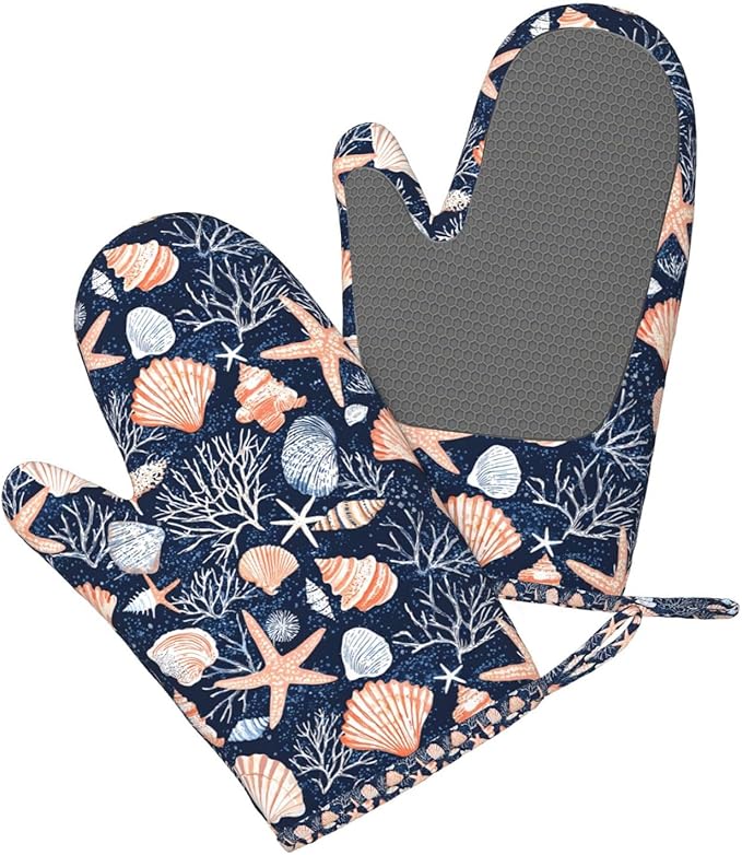 Oven Mitts 2 Pack, Silicone Kitchen Gloves, Heat Resistant with Non-Slip Grip and Soft Quilted Cotton Lining for Cooking Barbecue Backing (Seashells and Coral)