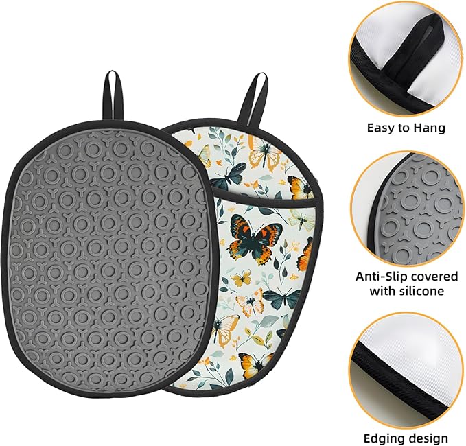 Pot Holders 2 Pack Silicone, Cotton Lining, Heat Resistant to 500°F (260°C), Non-Slip Grip, 7.5"x9.4" Oval Kitchen Hot Pads for Oven, Cooking (Butterflies, Potholders)