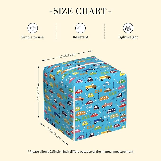 POIUBLE Leather Tissue Box Holder Cartoon Buses, Trucks and Cars Tissue Box Cover Square Waterproof Tissue Holder Organizer Modern Napkin Holder for Bedroom Dresser Night Stand Office Desk