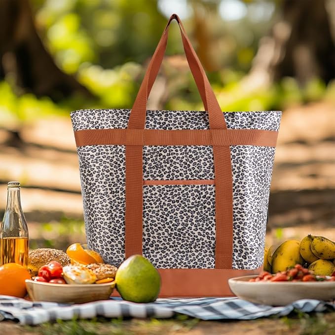 Reusable Grocery Tote Bags, Insulated Cooler Shopping Bag for Women/Men, Pizza/Food Delivery Bags to Keep Food Hot/Cold for Commercial Food Transport, Cooler Bag for Travel/Beach/Picnic, Cow Print