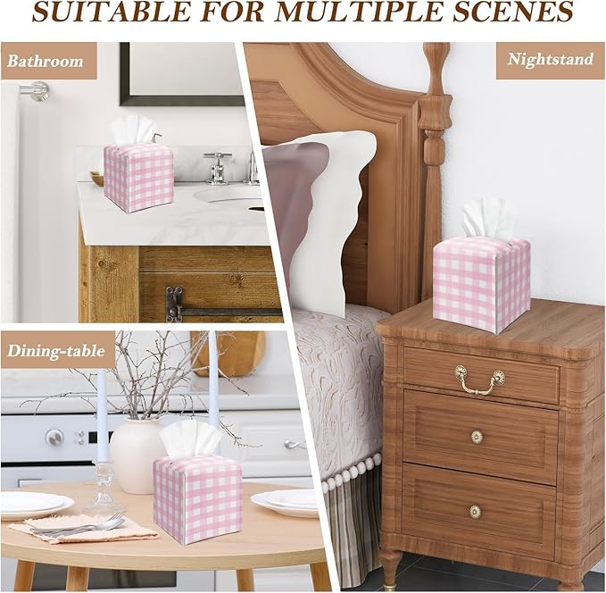 Pink and White Checkered Tissue Box Cover Square, Leather Tissue Holder with Bottom Belt, for Nightstands Desks Office Bathroom Car Vanity Home Decor Supplies -003