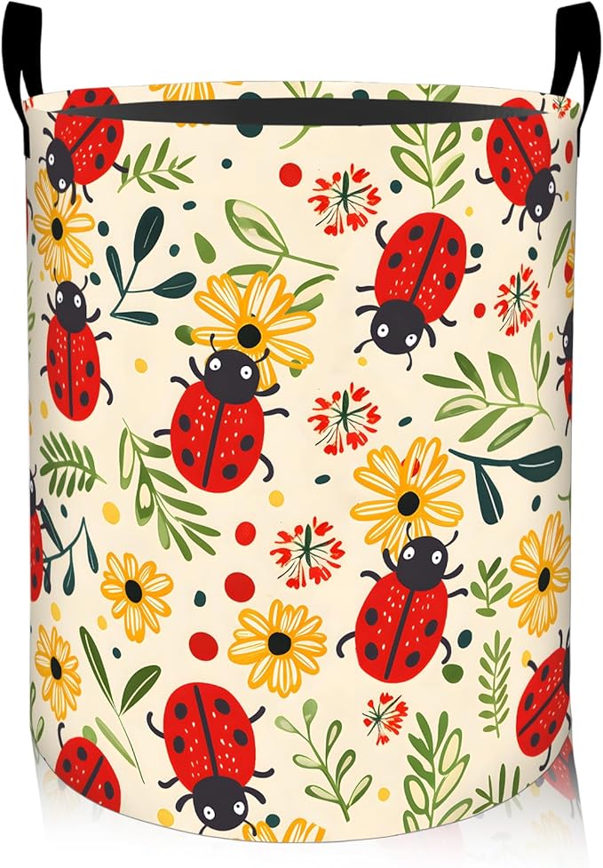 ainori Cute Ladybug Laundry Basket, Oxford Cloth Cartoon Whimsical Dirty Clothes Collapsible Hamper for Room Decor, Floral Insect Print Gifts Toy Organizer 19.7 * 15.8 Inch for Bedroom Bathroom Dorm