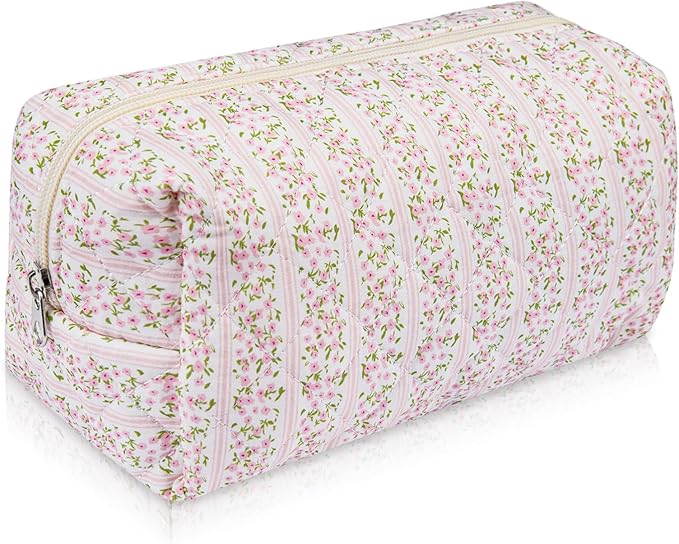 Gosect Floral Makeup Bag, Cute Cosmetic Bag for Women Girls, Quilted Cotton Make up Pouch, Travel Makeup Bags, Portable Storage Toiletry Organizer Bag(Pink Floral)