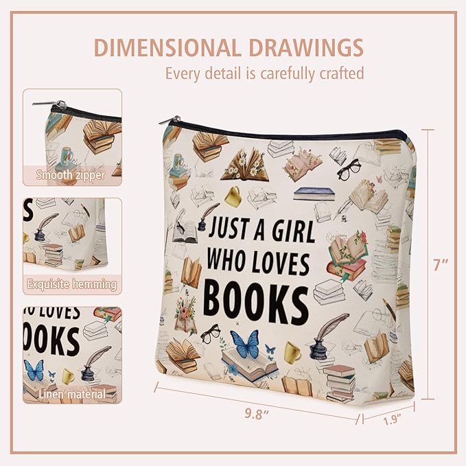 Girlly Book Lovers Gifts: Perfect Book themed Cosmetic Bag Just A Girl Who Loves Books For Daughters, Sisters, Friends,Teen Girls & Women.Ideal Bookish Gift For Travel, Birthdays, & Christmas.