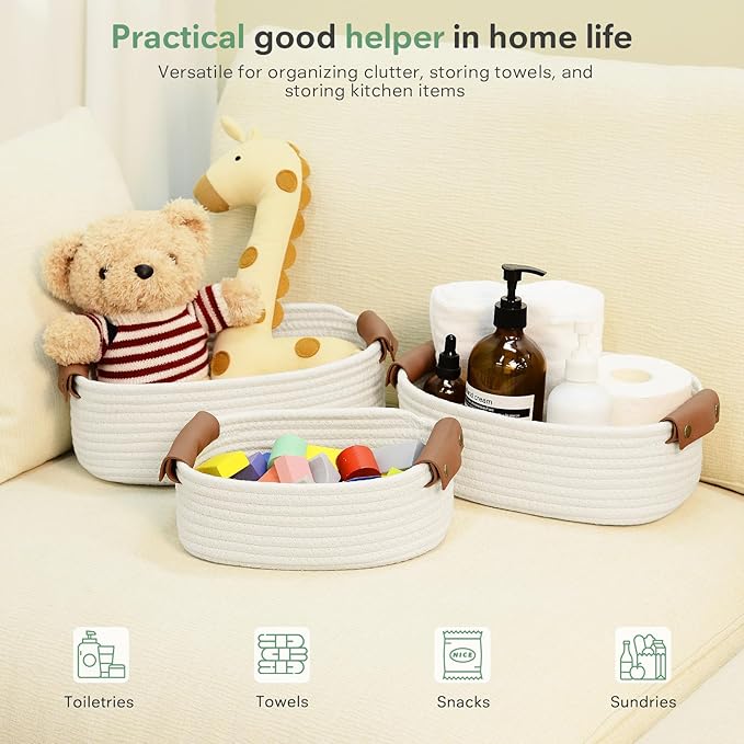 ECDYQXVU 5 Piece Storage Baskets Small Woven Basket with Detachable Leather Handle, Cotton Rope Shelf Baskets for Closet Organizers, Different Sizes Basket Decor, White