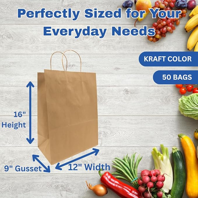 ASSUREPAK DIY Grocery Paper Bags - 50 Bags -12"x9"x16" - 74LB (110 GSM strong) Twisted Handle - Kraft/Natural - Recyclable Food & Supermarket Bags for Decorating & Branding