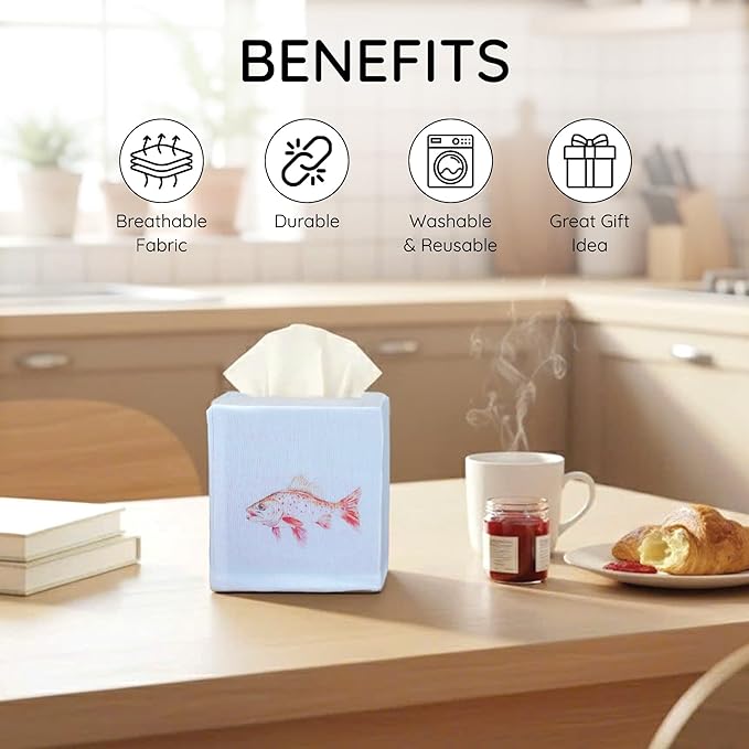 EmbroideryLinen.VN Tissue Box Cover Set of 2, Square Cotton Tissue Holder, Printed Animal Pattern, 4.5x4.5x5.5 Inches, Decorative Holder for Bathroom, Living Room, Office (Fish)
