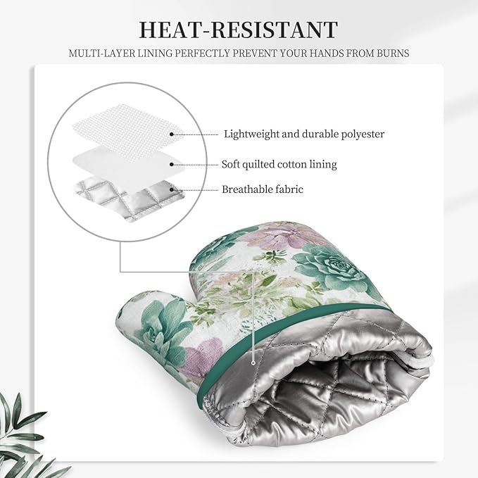 Oven Mitts and Potholders Green Succulents Silicone Glove Heat Resistant, Kitchen Gloves for Cooking, 2-Piece Set