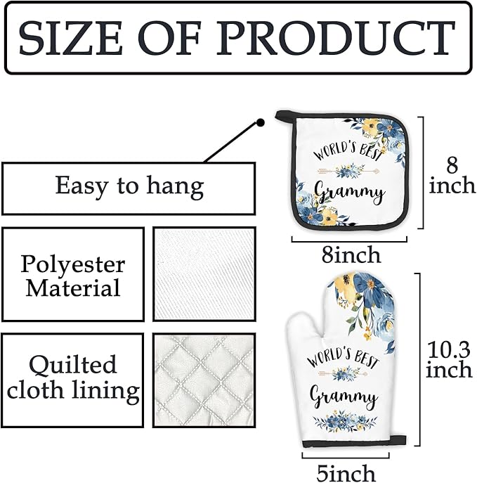 Grammy Gifts Oven Mitts and Pot Holders Sets, Gifts for Grammy from Grandkids Kitchen Decor Accessories Sets, World’s Best Grammy Heat Resistant Oven Glove Potholders for Kitchen Cooking