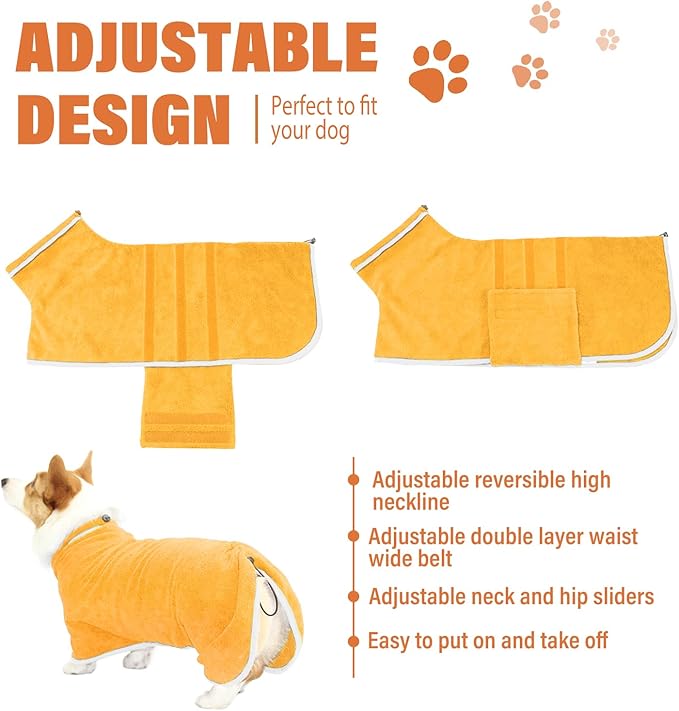 HhiMyOct Dog Robe - Fast Drying Towel - Microfiber Super Absorbent Pet Bathrobe, Adjustable Collar & Belly Strap (Yellow, X-Large)