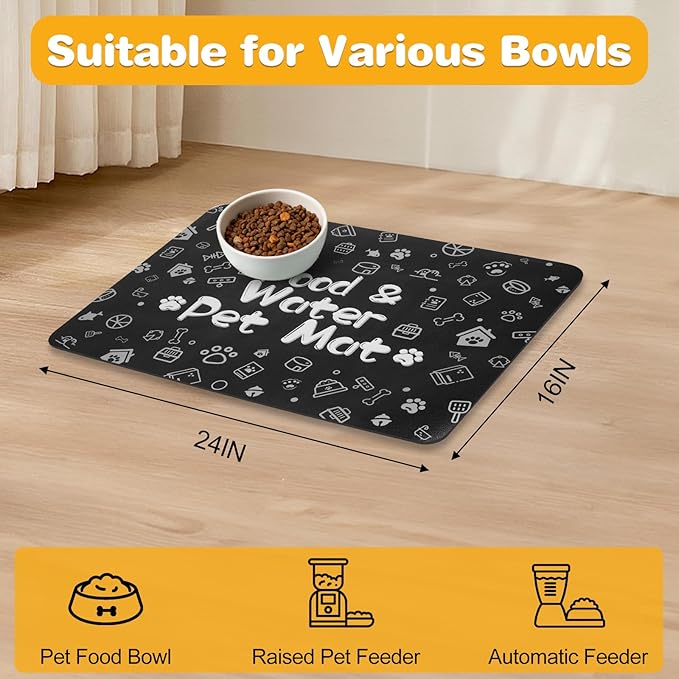 Pet Feeding Mat,Dog Cat Mat for Food and Water,Dog Bowl Waterproof Placemat with Rubber Backing,Absorbent Quick Dry Water Dispenser Mat for Pet（Black 16"×24"）