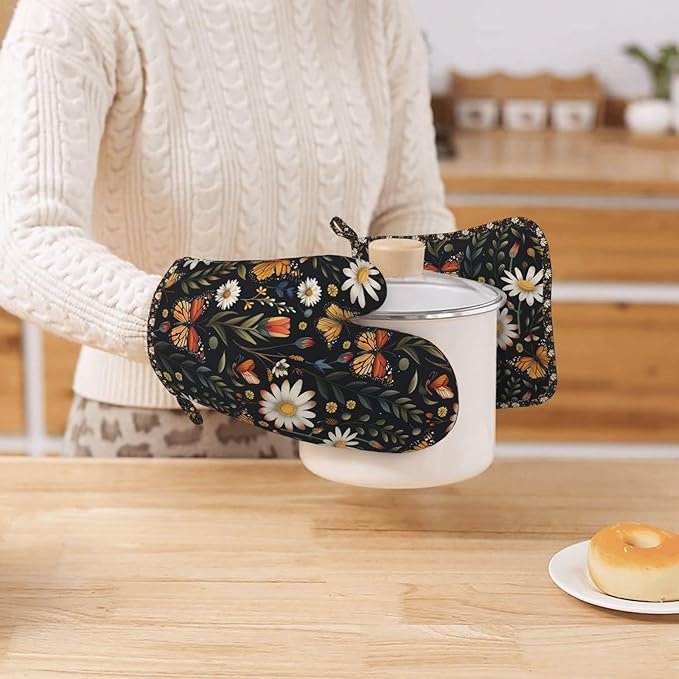 Oven Mitts Pot Holders Set Vintage Butterfly Daisy Leaf Silicone Kitchen Gloves Potholders Heat Resistant for Chef Baking Cooking Grilling BBQ 4 Pack Mitt