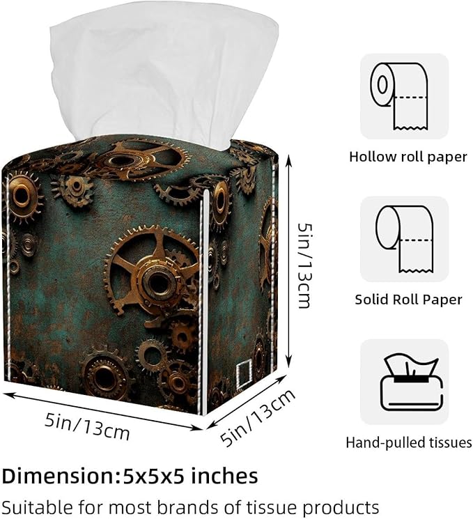 Set of 2 Tissue Box Cover, Steampunk Gears Background (1) Tissue Box Holder, Facial Napkin Dispenser for Bathroom Kitchen Bedroom Office Hotel