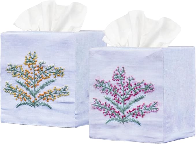 EmbroideryLinen.VN Tissue Box Cover Set of 2, Square Linen Tissue Holder, French Knot Hand Embroidered Floral Design, 4.5x4.5x5.5 Inches, Decorative Holder for Bathroom, Living Room, Office (White)
