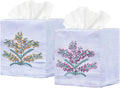 EmbroideryLinen.VN Tissue Box Cover Set of 2, Square Linen Tissue Holder, French Knot Hand Embroidered Floral Design, 4.5x4.5x5.5 Inches, Decorative Holder for Bathroom, Living Room, Office (White)