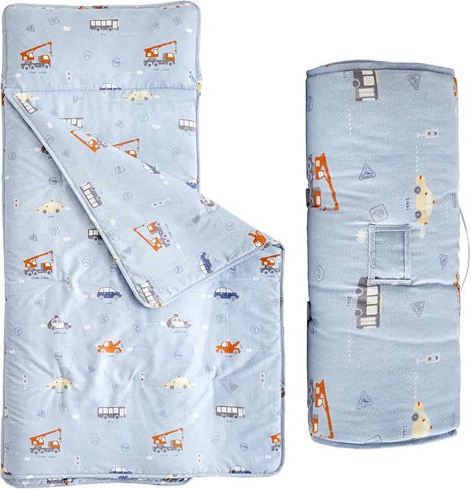 DuShow Cotton Toddler Nap Mat for Boys,Roll Up Slumber Bags Cars Pattern,Toddler Nap Mat with Removable Pillow and Blanket, Kids Sleeping Mat for Daycare,Preschool and Kindergarten-Blue