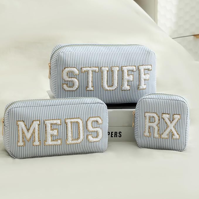 uekeboag Seersucker Chenille Letter Stuff Meds RX Makeup Bag, Travel Washable Purse Organizer with Zipper, Lightweight Toiletry Cute Personalized Preppy Cosmetic Bag For Women and Girls(03Blue Meds)