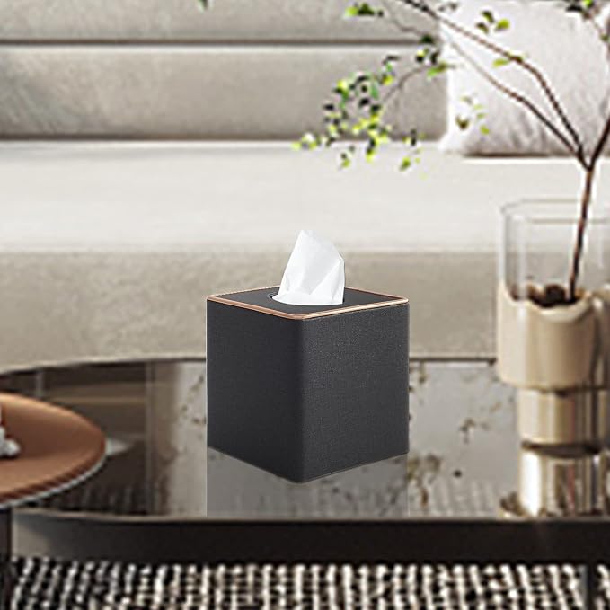 XNONE Tissue Box Cover Square Tissue Box Holder PU Leather Facial Organizer with Magnetic Bottom,Decorative Napkin Caddy for Vanity Dresser Night Stand Table Countertop Home Office Car,Black
