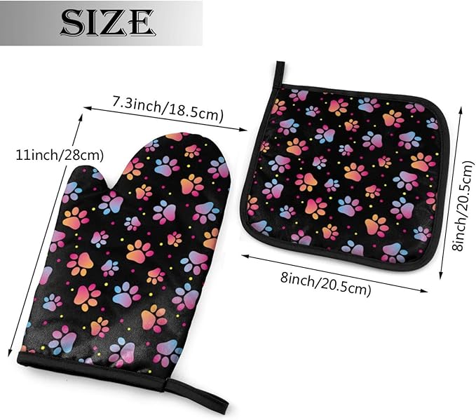 Dog Animal Paws Print Oven Mitts and Pot Holders Insulated Gloves & Kitchen Counter Safe Mats for Cooking BBQ Baking Grilling (2-Piece Set)