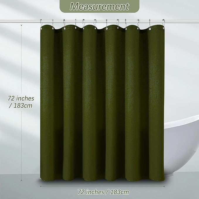 PANGSINNE Dark Green Shower Curtain with Waffle Weave Fabric Shower Curtain Waffle Textured Heavy Duty, Hotel Quality Bathroom, 72 x 72 Inches