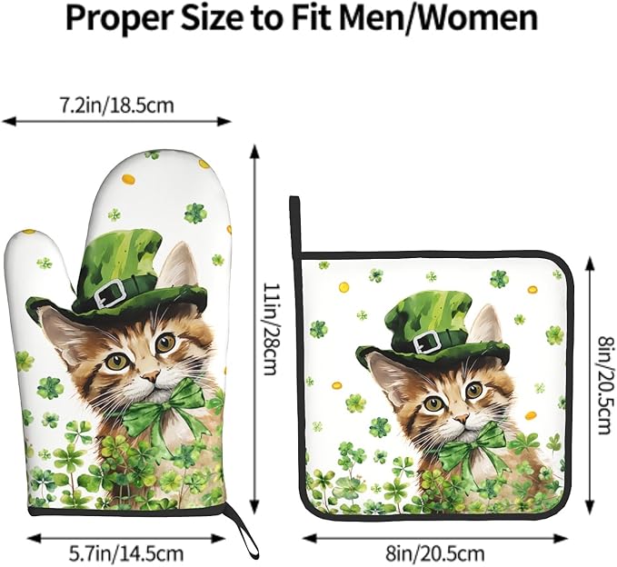 Shamrock Green Leaf Oven Gloves and Pot Holders 2PCS Sets Cute Cat Kitchen Baking Accessories Spring Clovers Heat Resistant Oven Mitts Hot Pads for Cooking BBQ Decorative Kitchen Gift