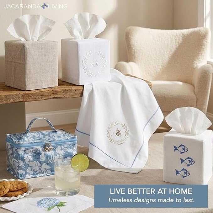 Jacaranda Living Square Tissue Box Cover, Linen/Cotton Fabric Tissue Holder, Decorative Cloth Tissue Cube Cover, Coastal Designs Crab (Blue)