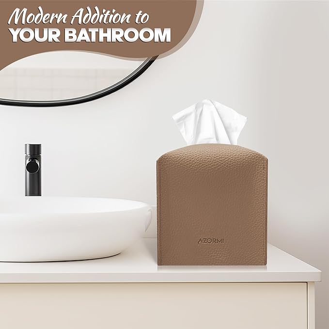 Tissue Box Cover Holder, PU Leather Tissue Box Cover Square with Bottom Belt, Cube Tissue Holder for Bathroom, Modern Organizer for Car, Office, Tabletop (Camel, 14 Leather Patterns)