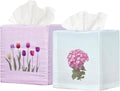 EmbroideryLinen.VN Tissue Box Cover Set of 2, Square Linen Tissue Holder, Printed Floral Design, 4.5x4.5x5.5 Inches, Decorative Holder for Bathroom, Living Room, Office (Tulip & Hydrangea)